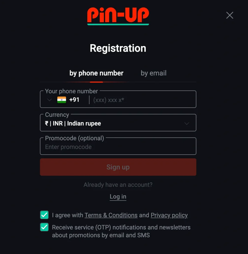 PinUp: Registrierungsfenster